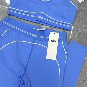 ALO Yoga Blue and white workout set top and bottom